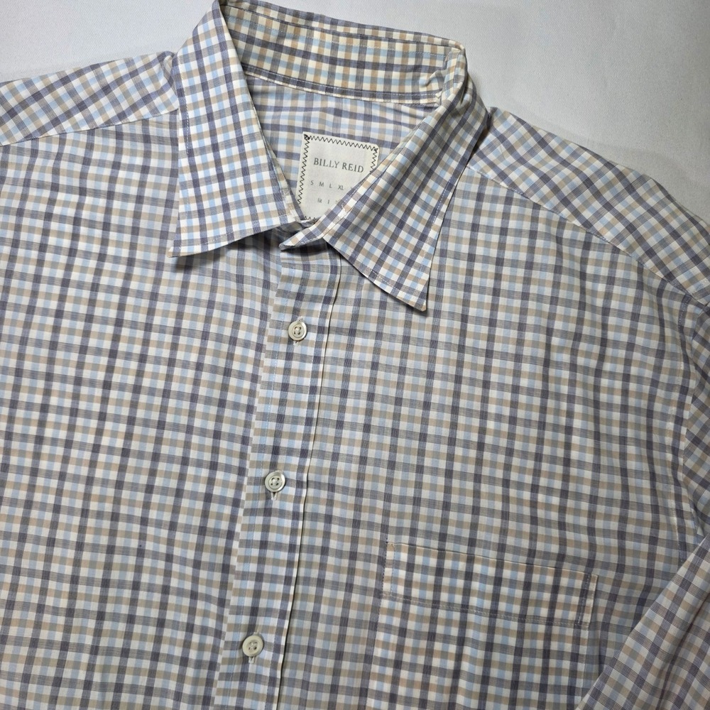 BILLY REID Mens XL Blue Tan Plaid Cotton Shirt Made in Italy Standard Cut